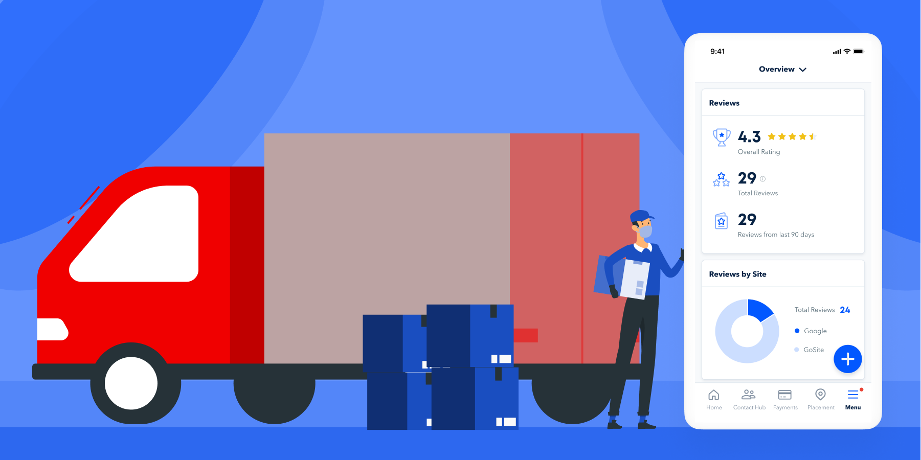 Illustration of a delivery truck, boxes, delivery guy and mobile phone showing Reviews on GoSite app. featured_image